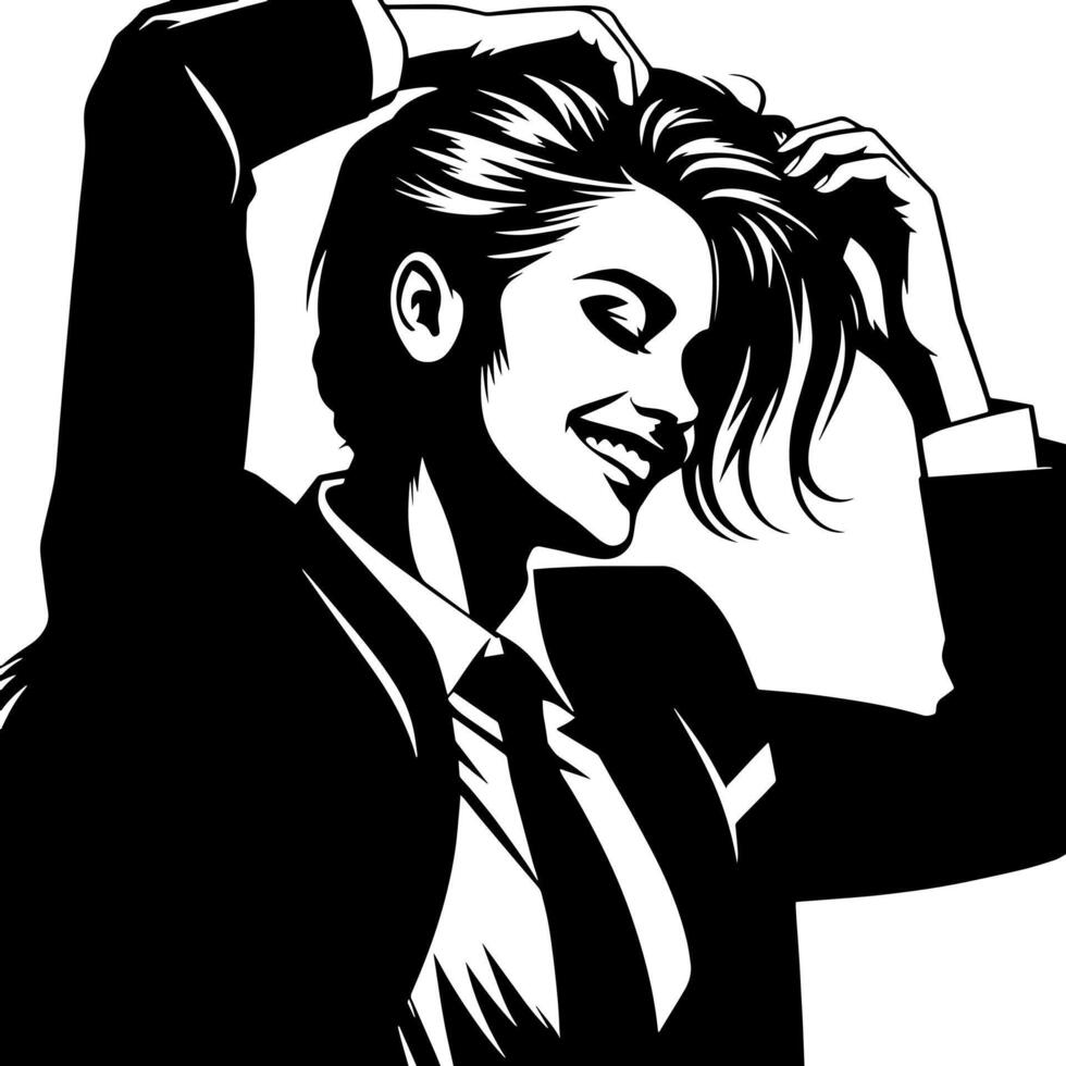 Black and White Illustration of a Woman in Business Suit is dancing and shaking in a Successful Pose vector