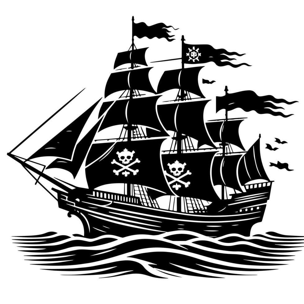 Black and White Illustration of pirate ship vector