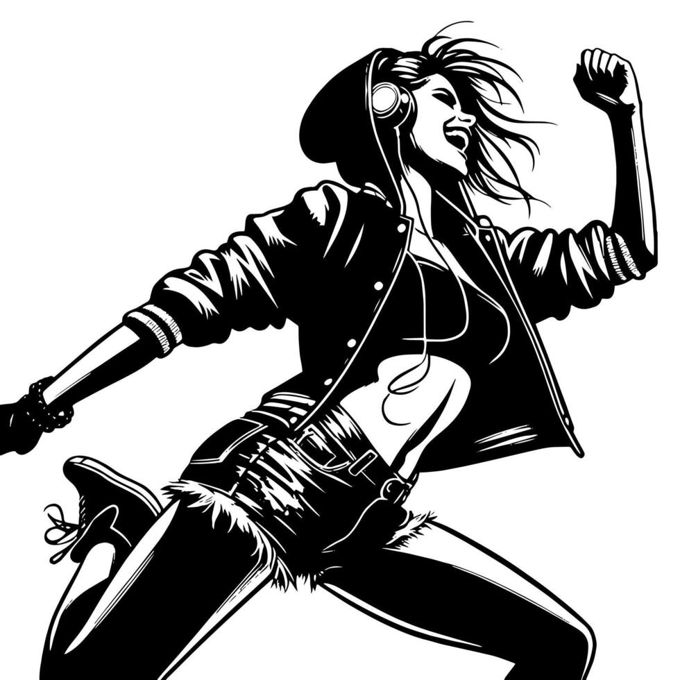 negro y blanco ilustración de un punk mujer es bailando y sacudida en un exitoso actitud vector