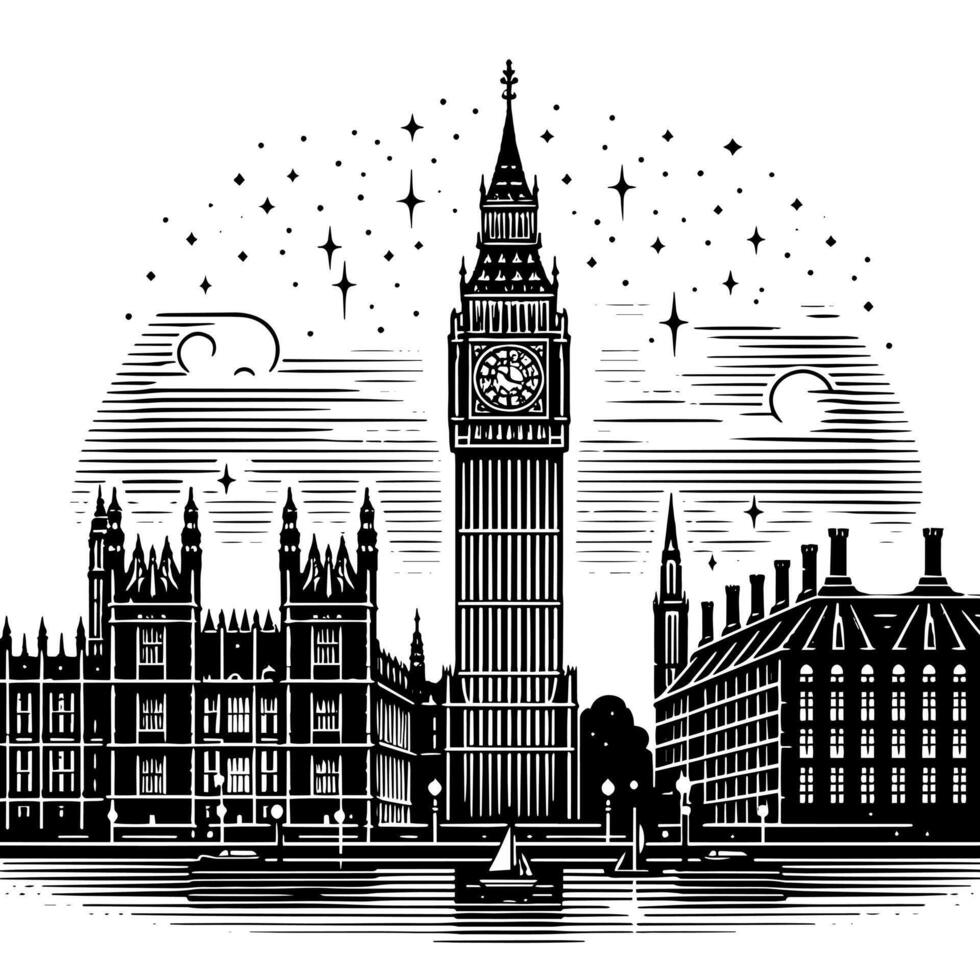 negro y blanco ilustración de grande ben torre en Londres vector