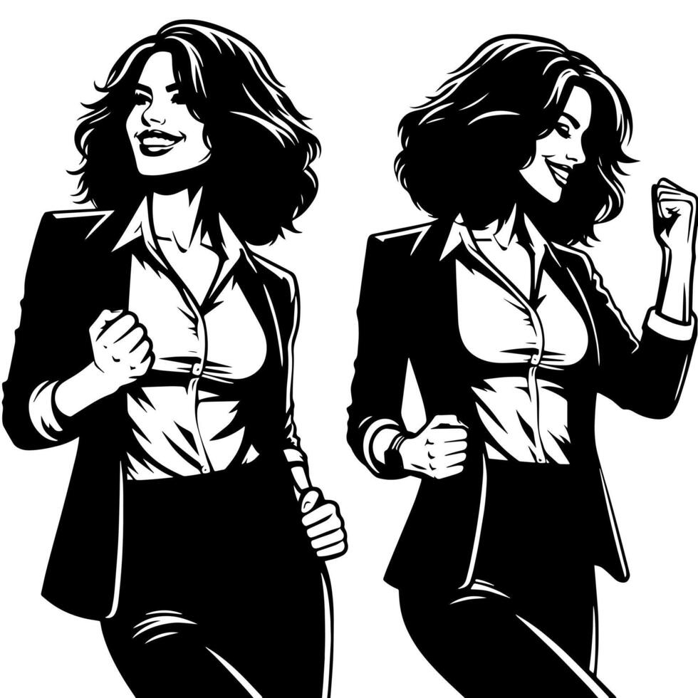 Black and White Illustration of a Woman in Business Suit is dancing and shaking in a Successful Pose vector