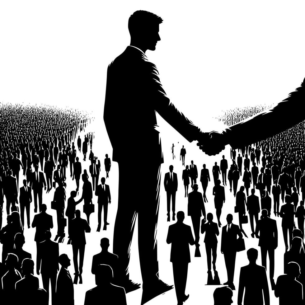 Black and white Illustration of a Handshake bewtween two Business Men in Suits vector