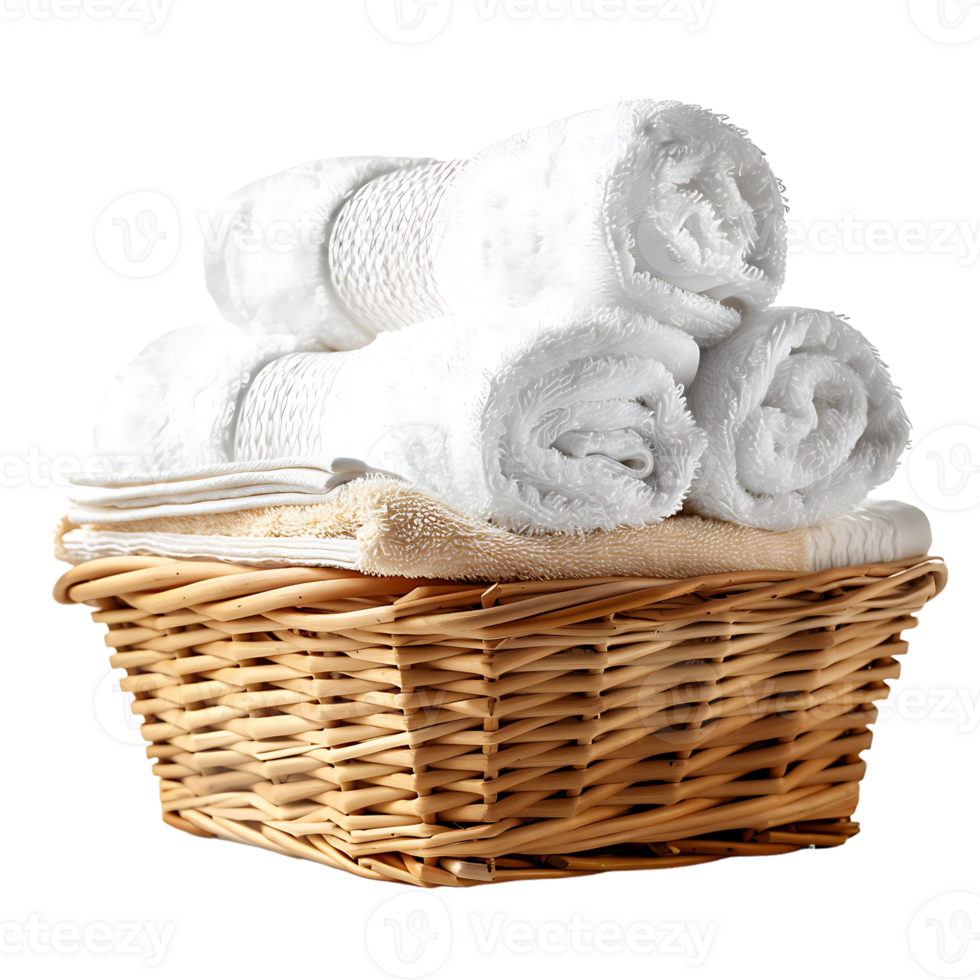 Basket of clean towels on a wooden table on isolated transparent background png