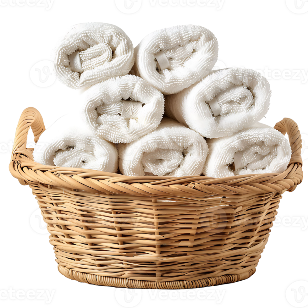 Basket of clean towels on a wooden table on isolated transparent background png