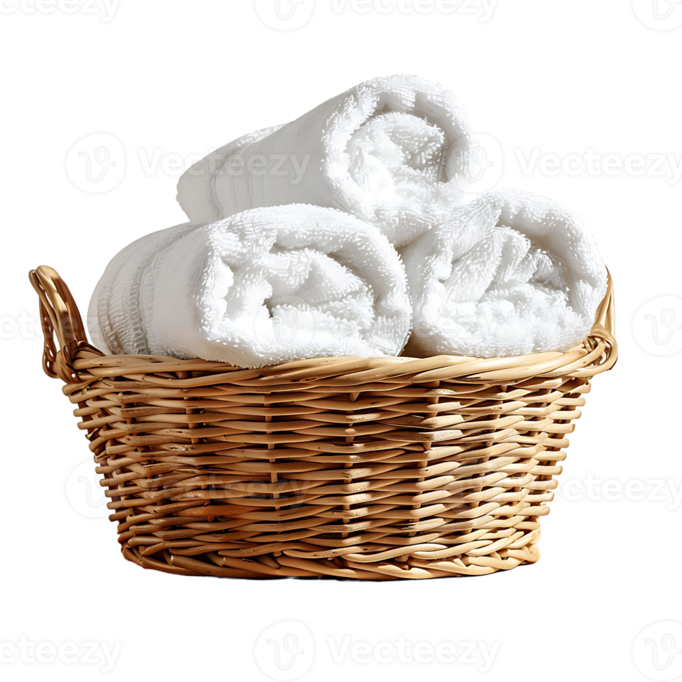 Basket of clean towels on a wooden table on isolated transparent background png