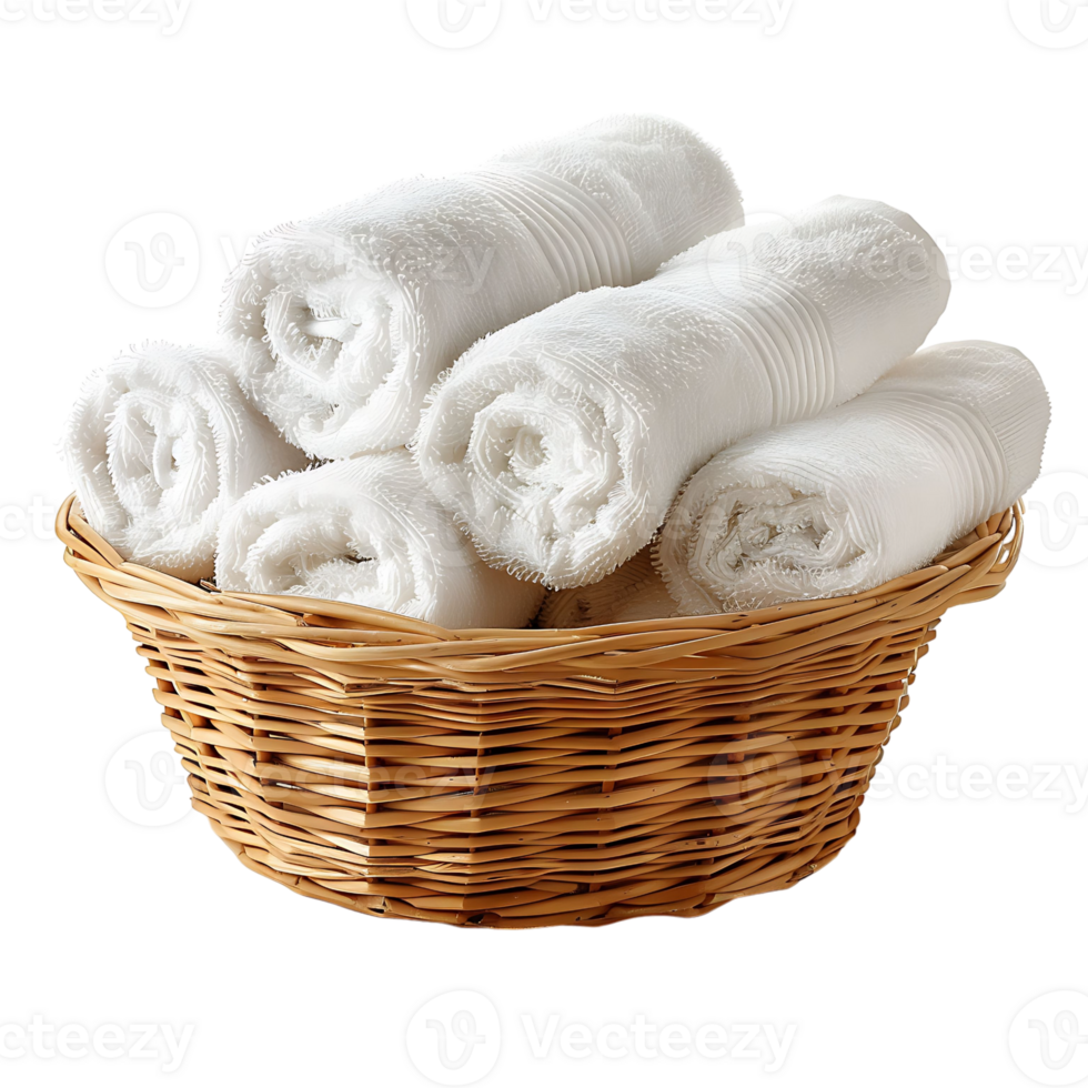 Basket of clean towels on a wooden table on isolated transparent background png