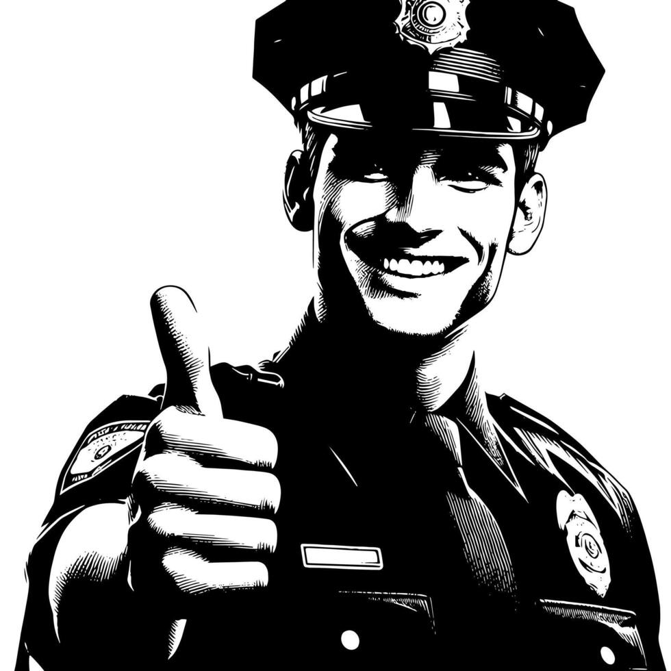 negro y blanco ilustración de un policía oficial quien es demostración el pulgares arriba firmar vector