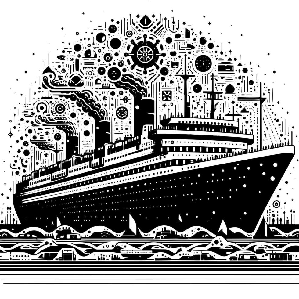 Black and White Illustration of a ocean liner at the sea vector