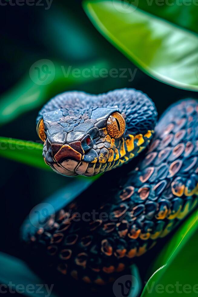 cerca arriba de serpiente cara con sus boca abierto y demostración sus amarillo y negro lengua foto