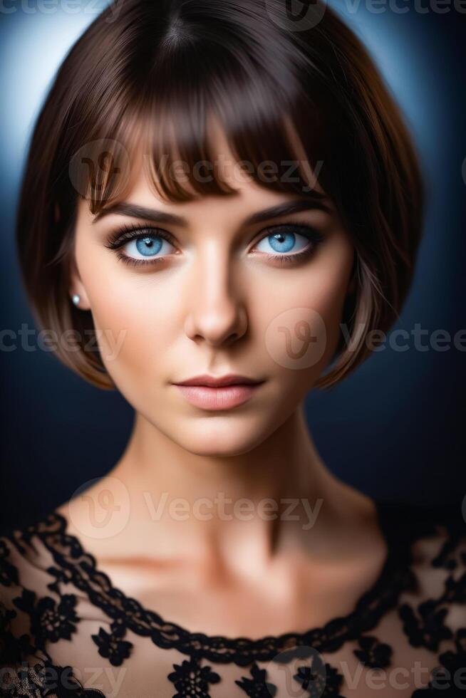 A woman with blue eyes and a short haircut photo