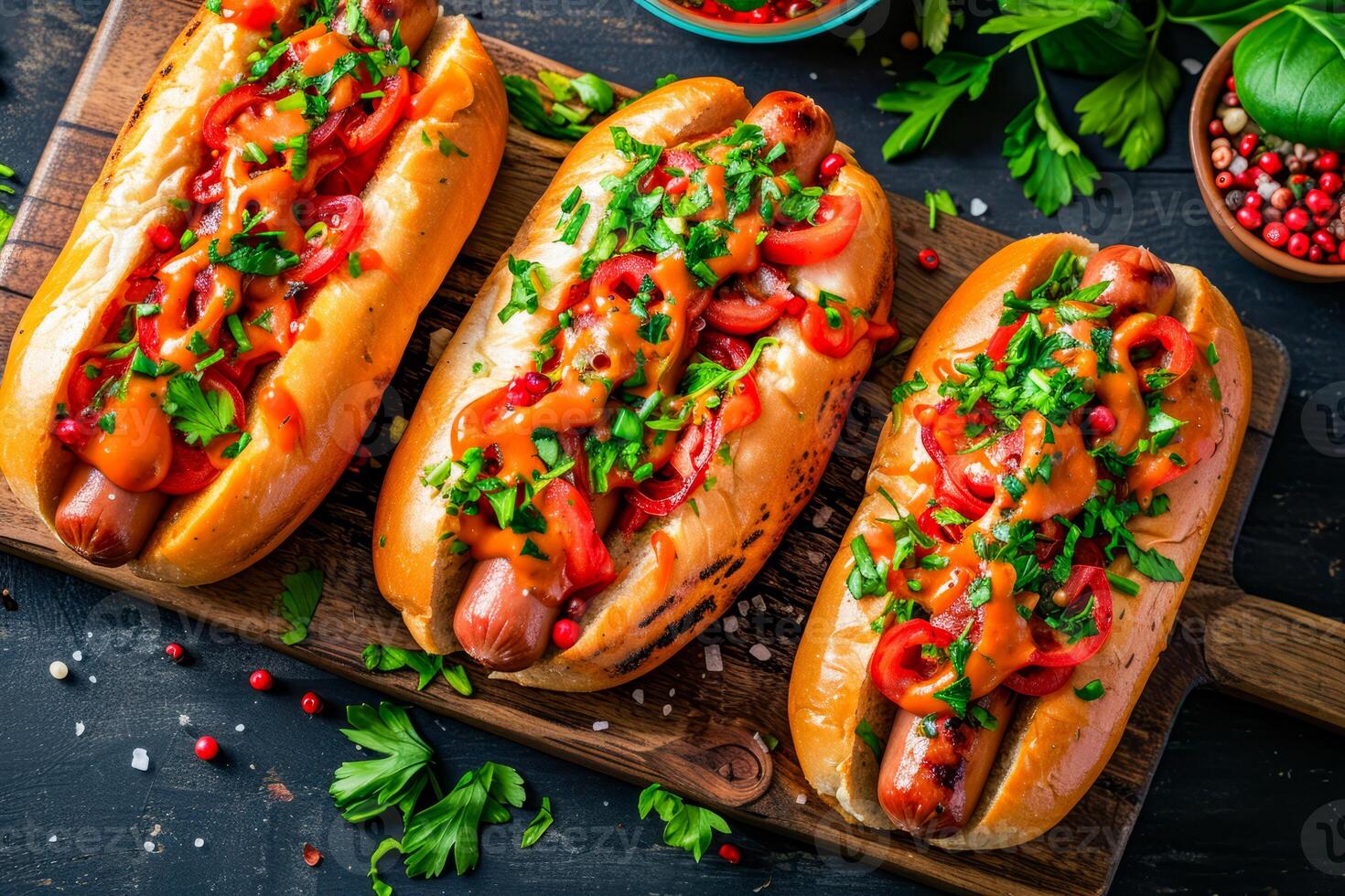 Four hot dogs with toppings on wooden board photo