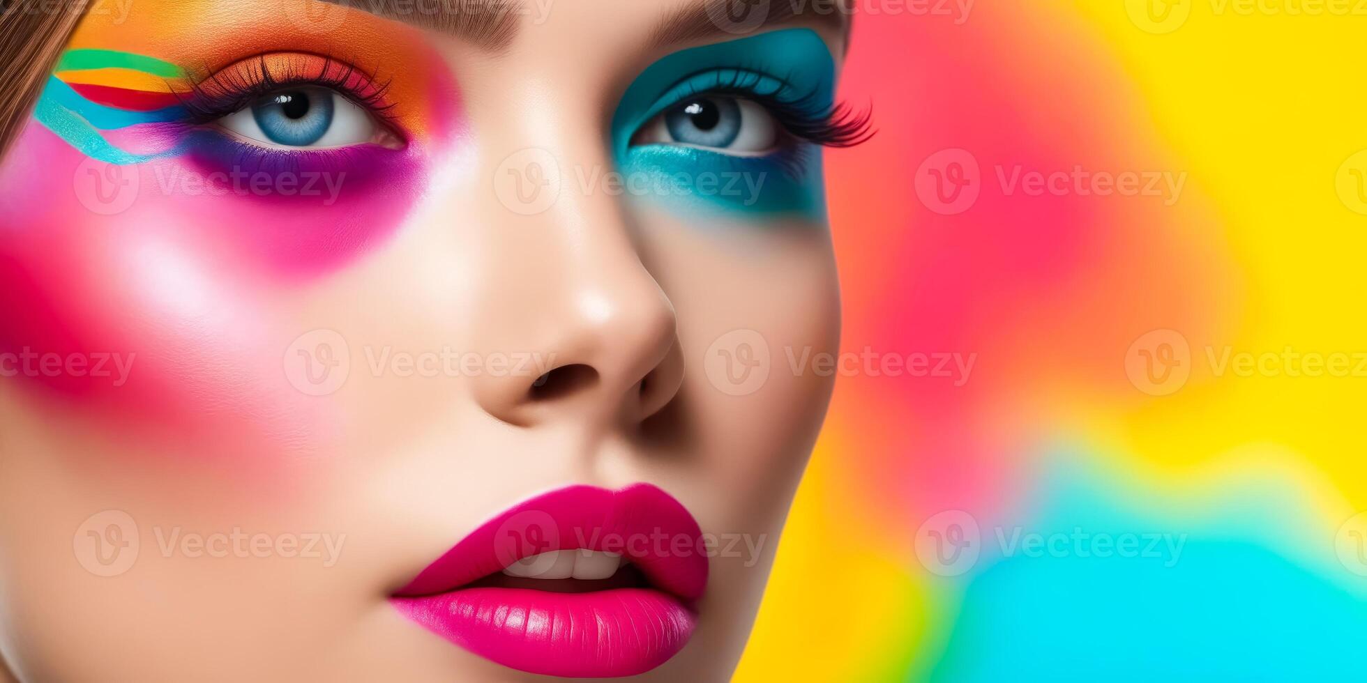 A woman with colorful makeup on her face photo