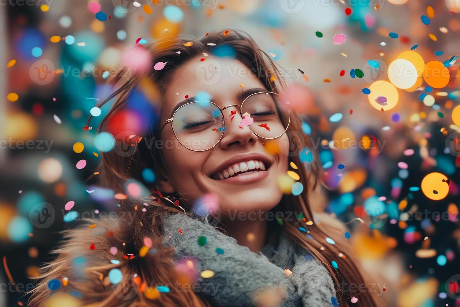 mujer con lentes es sonriente y rodeado por papel picado foto