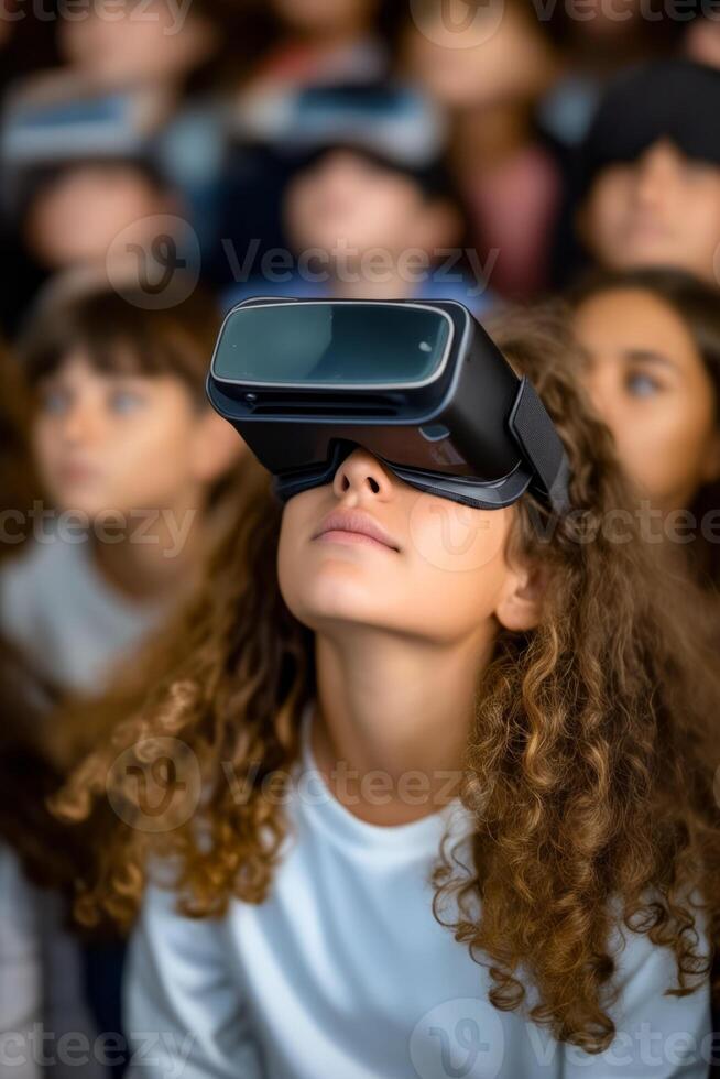 niña con virtual realidad auriculares es mirando adelante su ojos son detrás el auriculares y ella aparece a ser acecho alguna cosa en frente de su foto