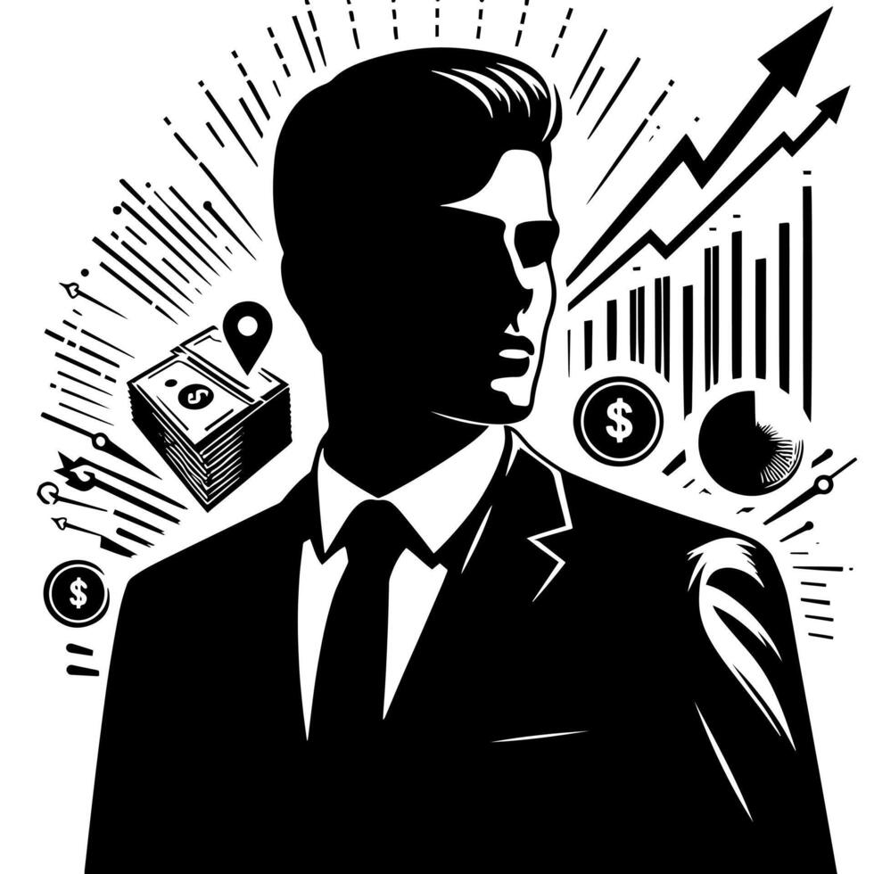 Black and white Illustration of a successful Business Man with Money Cars and Luxus vector