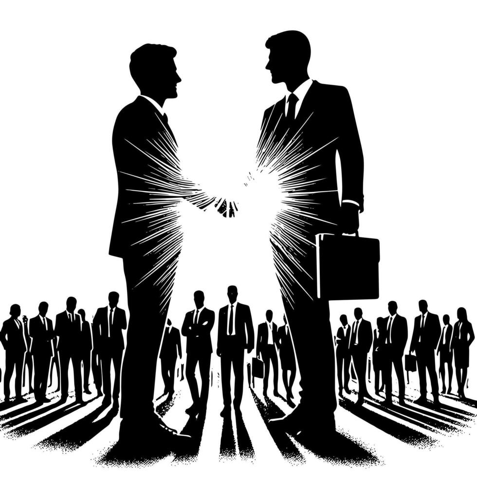 Black and white Illustration of a Handshake bewtween two Business Men in Suits vector