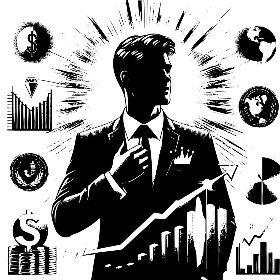 Black and white Illustration of a successful Business Man with Money Cars and Luxus vector