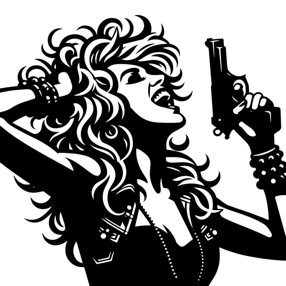 Black and White Illustration of a punk Woman is dancing and shaking in a Successful Pose vector