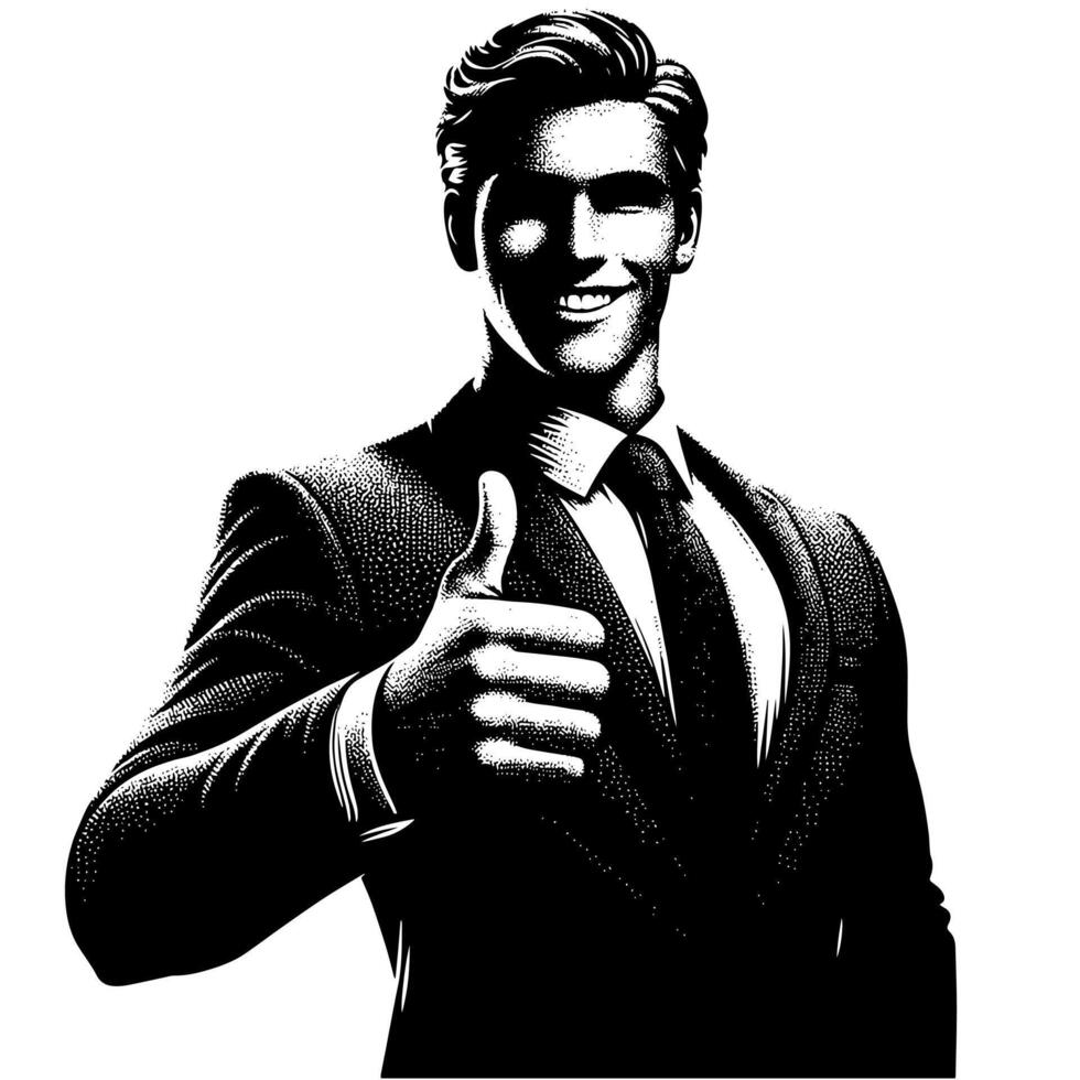 Black and White Illustration of a Man in Business Suit is showing the Thumbs up Sign vector