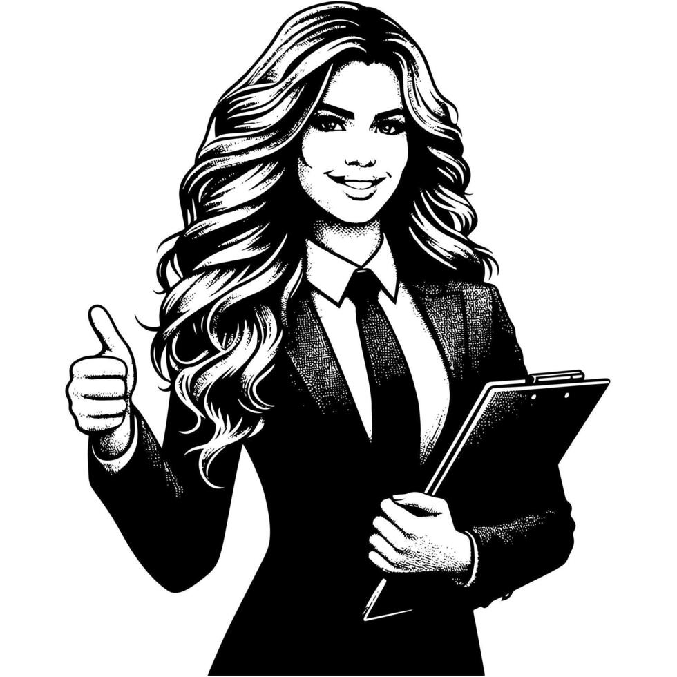 Black and White Illustration of a Woman in Business Suit is showing the Thumbs up Sign vector