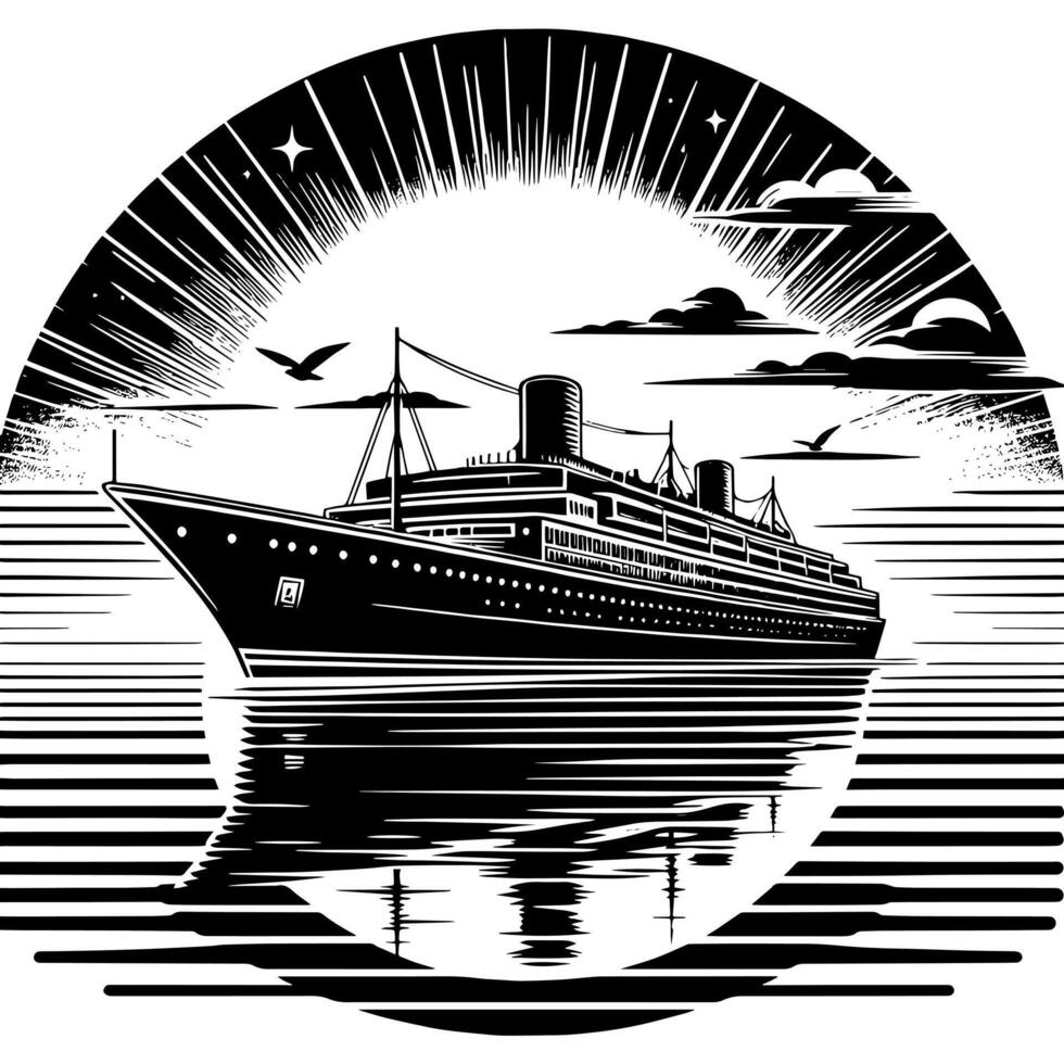 negro y blanco ilustración de un Oceano transatlántico a el mar vector