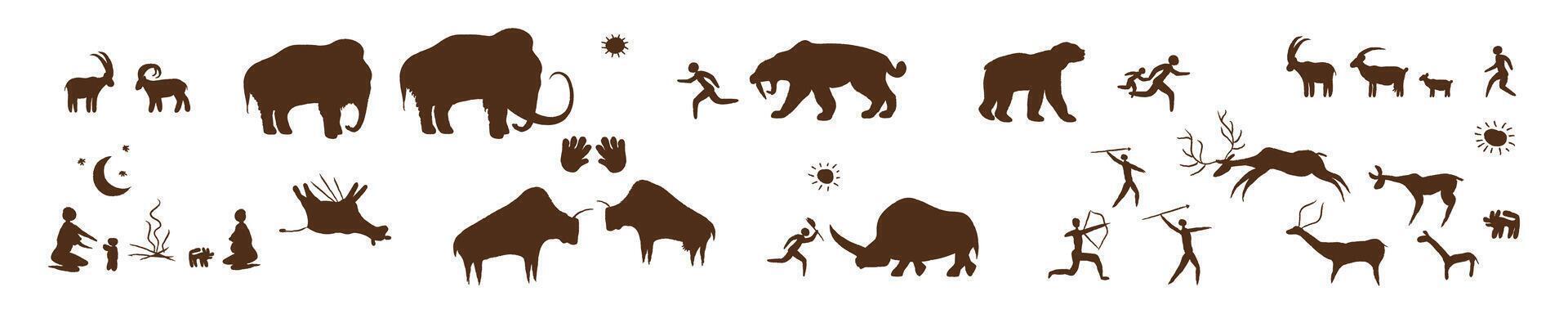 Ancient prehistoric rock paintings silhouette. Cave paintings of primitive people hunting mammoths and rhinoceros escaping from saber toothed tiger and cromagnan women graze goats. vector