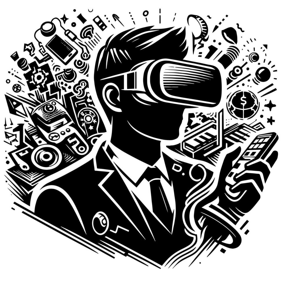 Black and White Illustration of modern black vr glasses vector