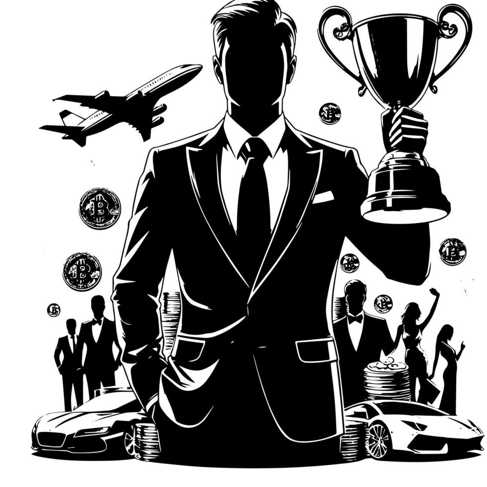 Black and white Illustration of a successful Business Man with Money Cars Girls and Luxus vector