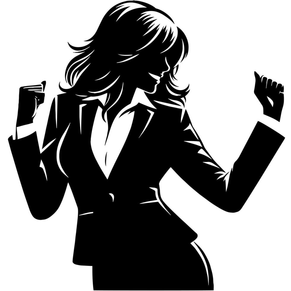 Black and White Illustration of a Woman in Business Suit is dancing and shaking in a Successful Pose vector