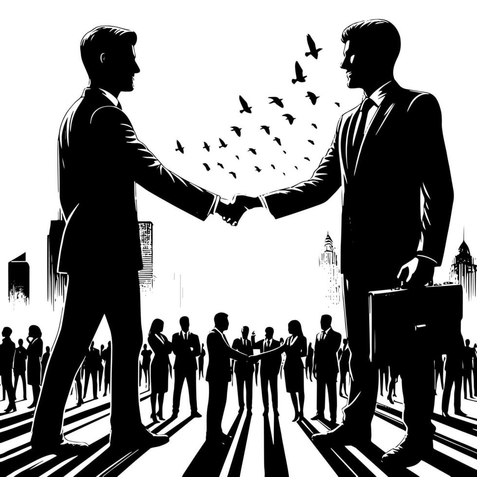 Black and white Illustration of a Handshake bewtween two Business Men in Suits vector