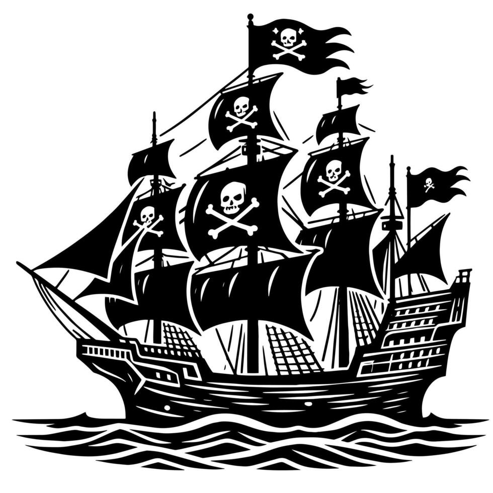 Black and White Illustration of pirate ship vector