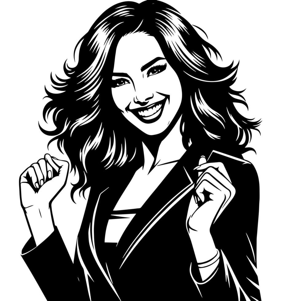 Black and White Illustration of a Woman in Business Suit is dancing and shaking in a Successful Pose vector