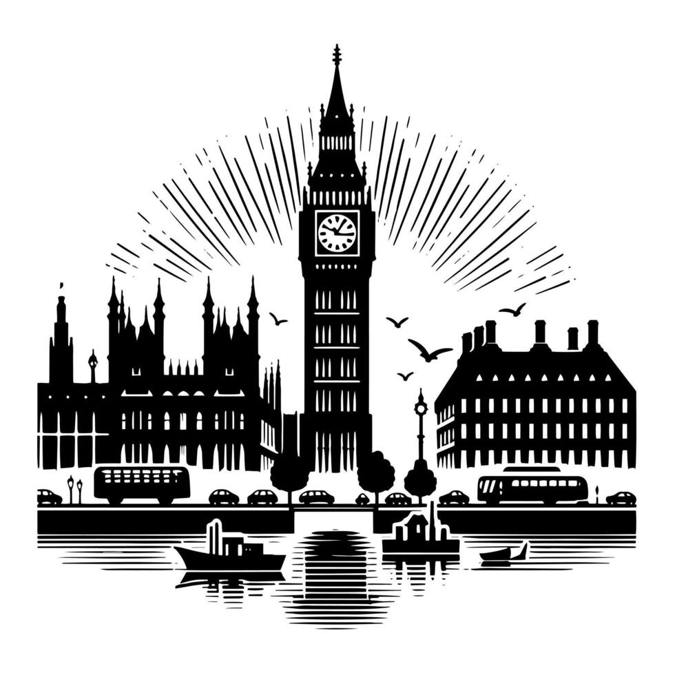 Black and White Illustration of Big Ben Tower in London vector