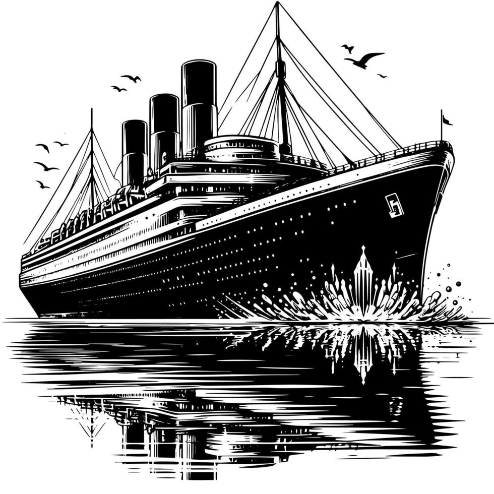 Black and White Illustration of a ocean liner at the sea vector