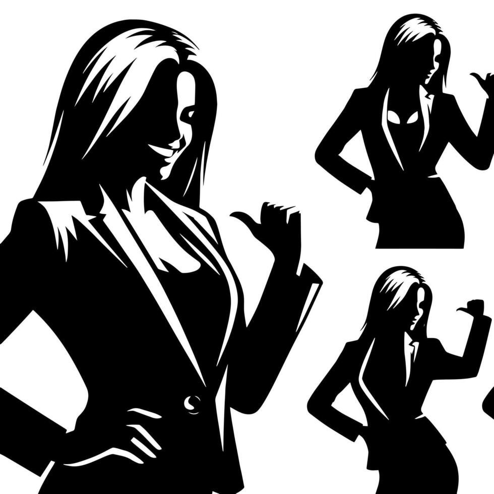 negro y blanco ilustración de un mujer en negocio traje es bailando y sacudida en un exitoso actitud vector