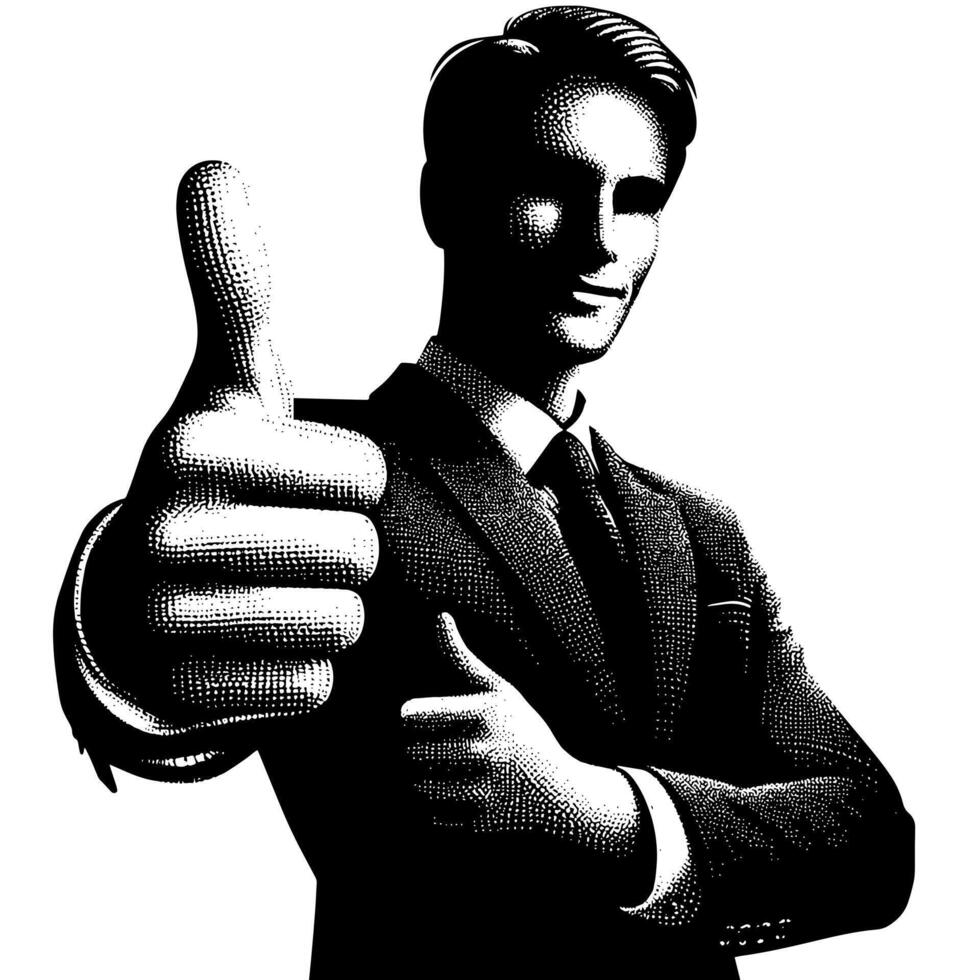 Black and White Illustration of a Man in Business Suit is showing the Thumbs up Sign vector