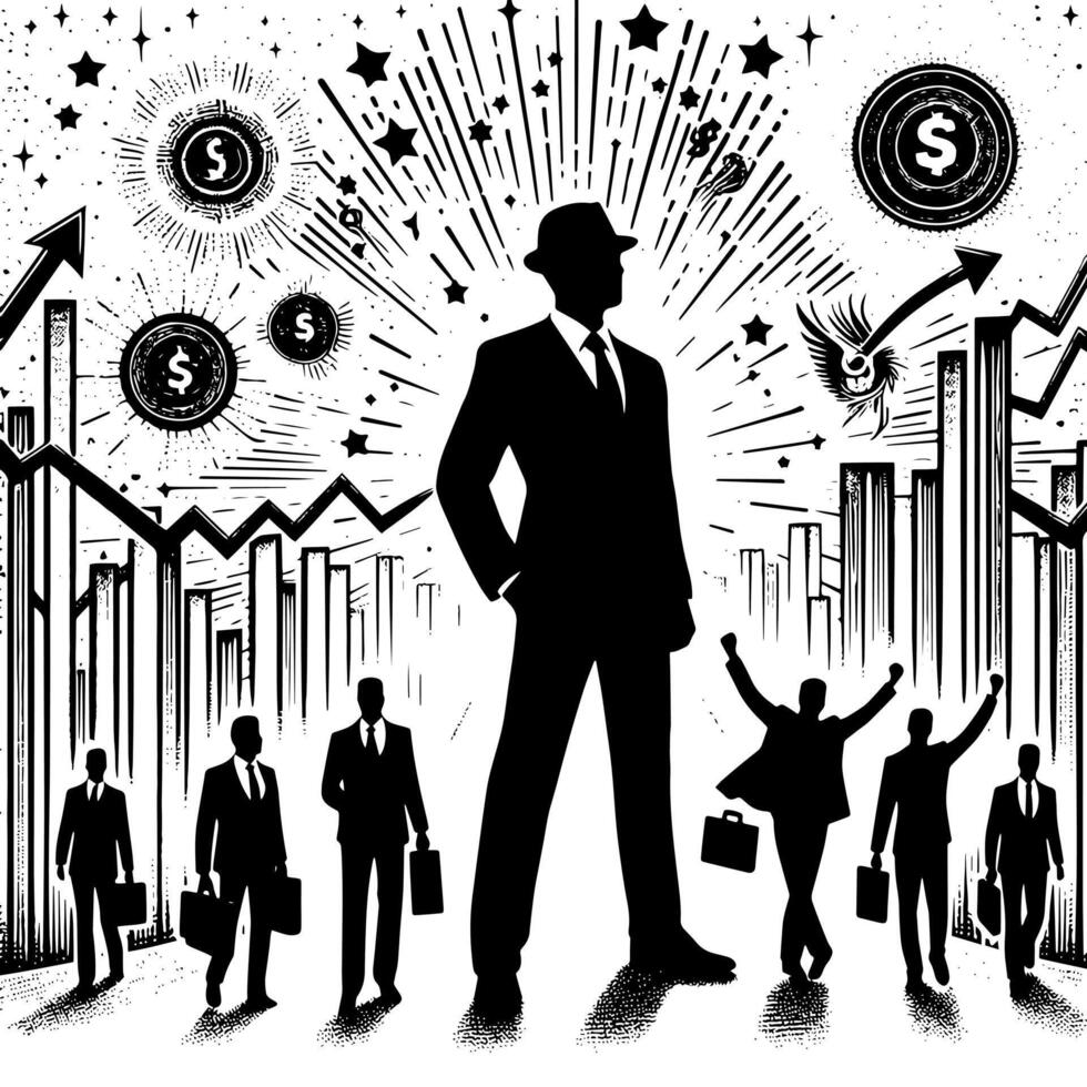 Black and white Illustration of a successful Business Man with Money Cars and Luxus vector