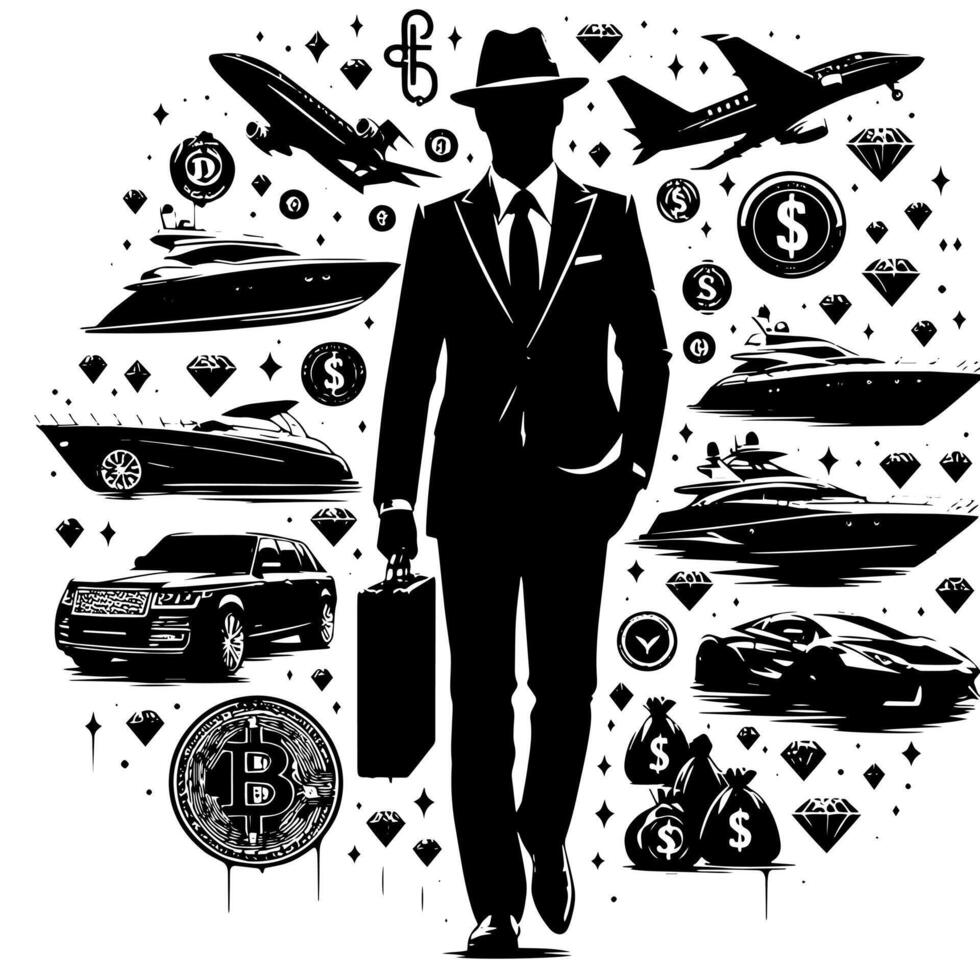 negro y blanco ilustración de un exitoso negocio hombre con dinero carros muchachas y lujo vector