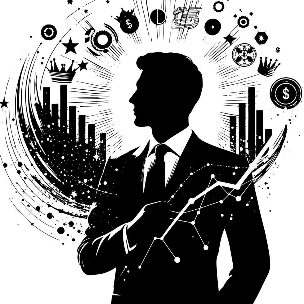 Black and white Illustration of a successful Business Man with Money Cars and Luxus vector