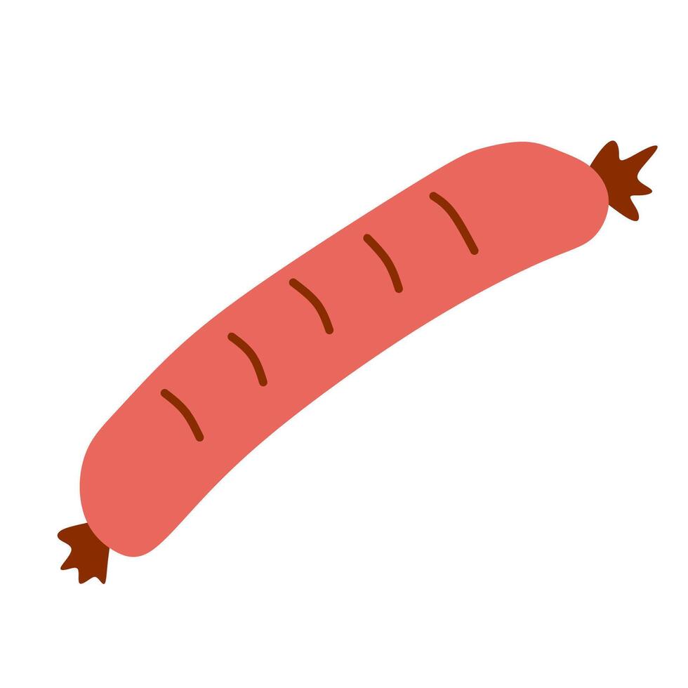 Simple fried Sausage isolated on White background. Street food and Cooking concept, Fast food, illustration of grilled frankfurter in cartoon style. Unhealthy Food, Meat Meal. Design object. vector