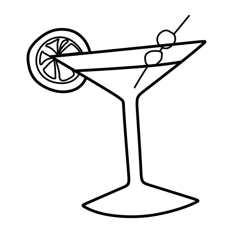 Cosmopolitan Cocktail doodle icon, illustration. Isolated on White Alcohol Beverage, Martini Glass with Olives, Lime Slice. Hand drawn Linear Contour Drink, Bar Logo, Menu Object, Card Design vector