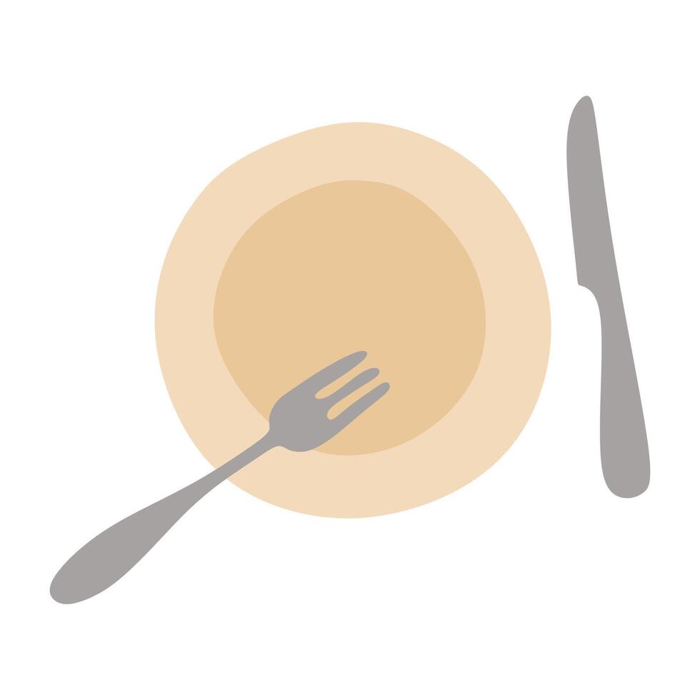 Empty plate with knife and fork Isolated on White background. Top view Cutlery and Creamy ceramic Serving plate for food Design template. flat design cartoon style Illustration. vector
