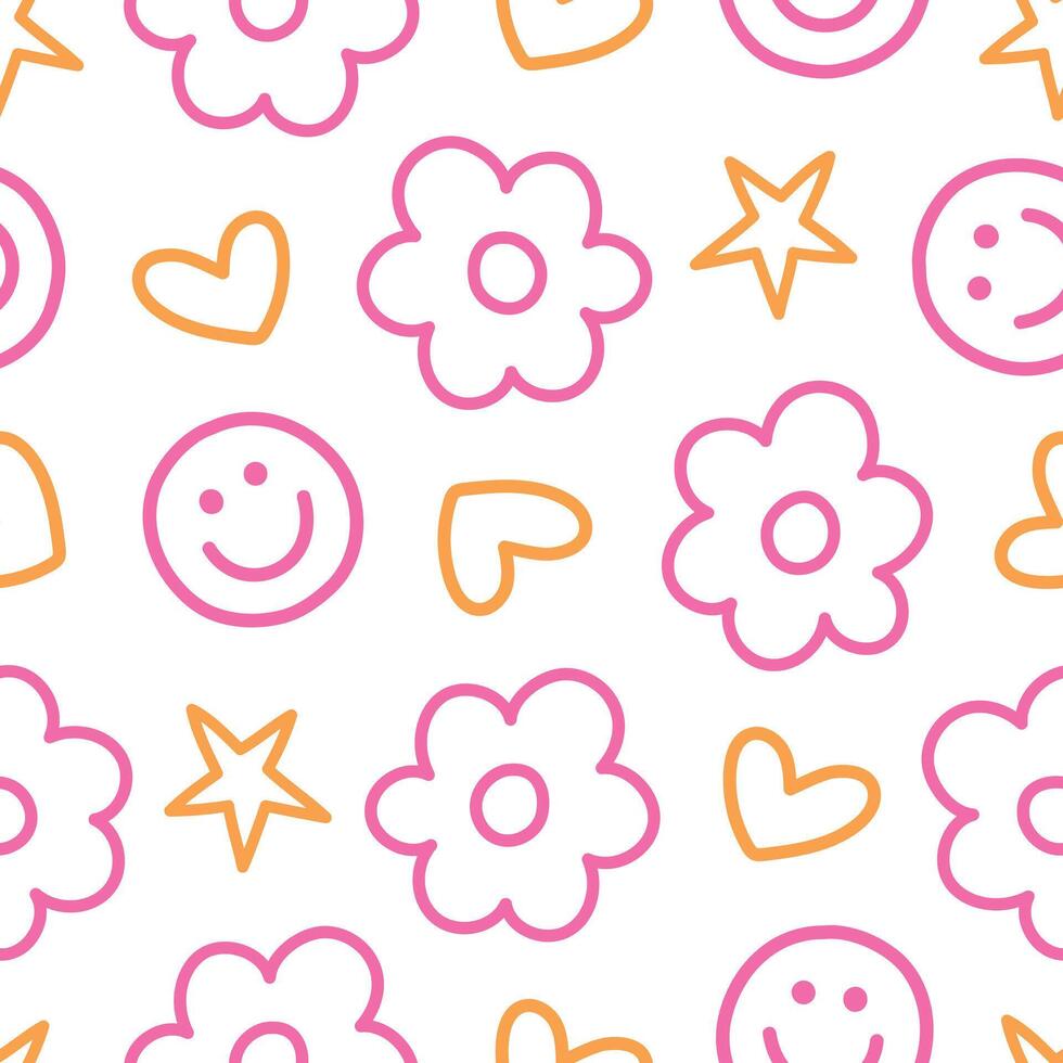 Doodle Seamless Pattern Happy Face Pattern Pink Daisy Seamless Design vector