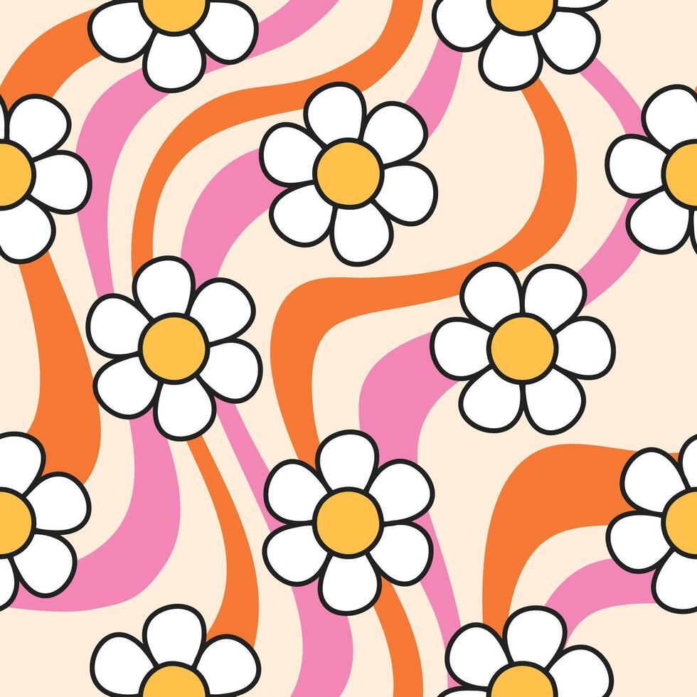 Retro Floral Pattern Retro Daisy Background Groovy Floral Seamless Pattern vector