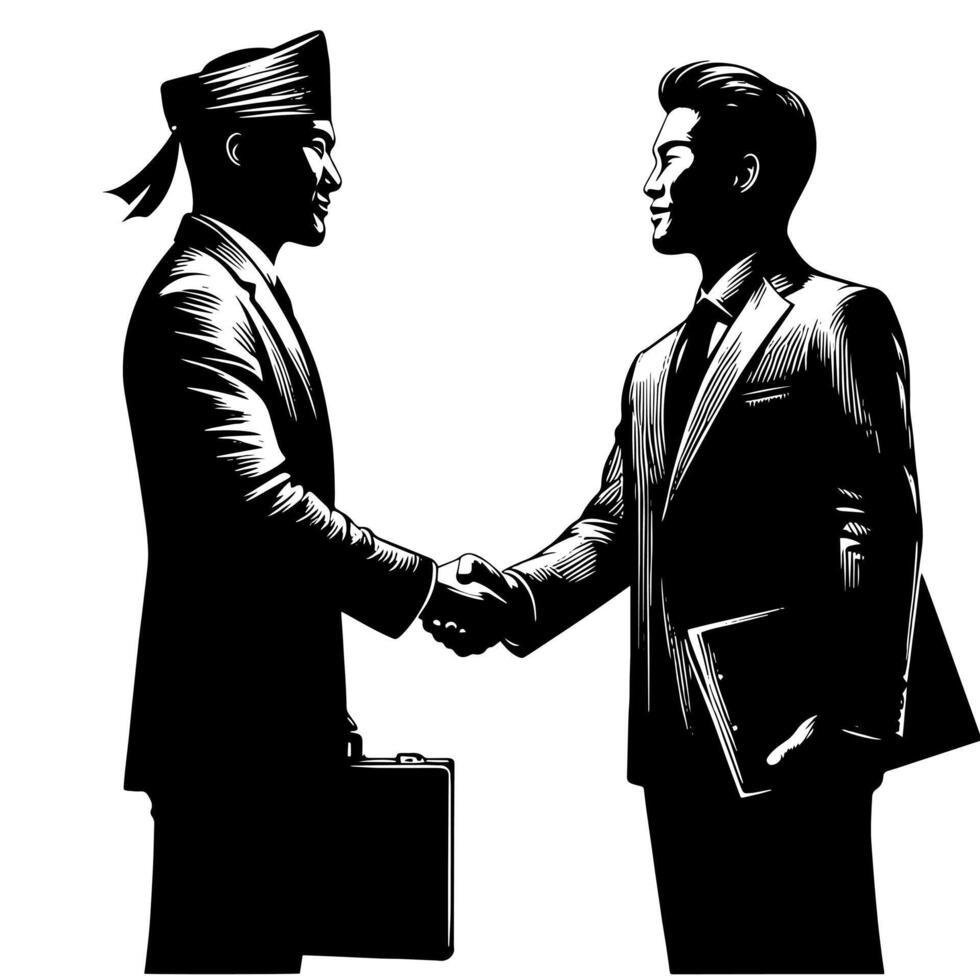 Black and white Illustration of a Handshake bewtween two Business Men in Suits vector