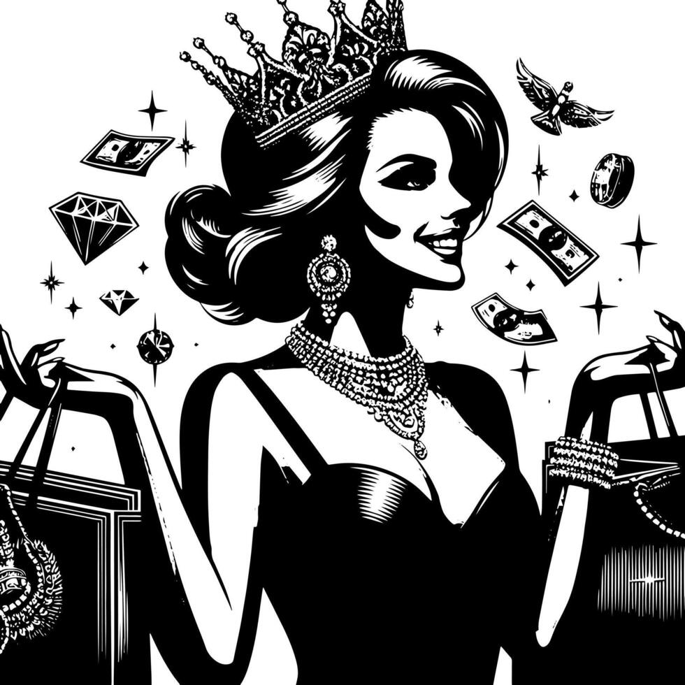 Black and white Illustration of a lucky luxurious Shopping Lady with Bags and Diamonds and Parfum vector