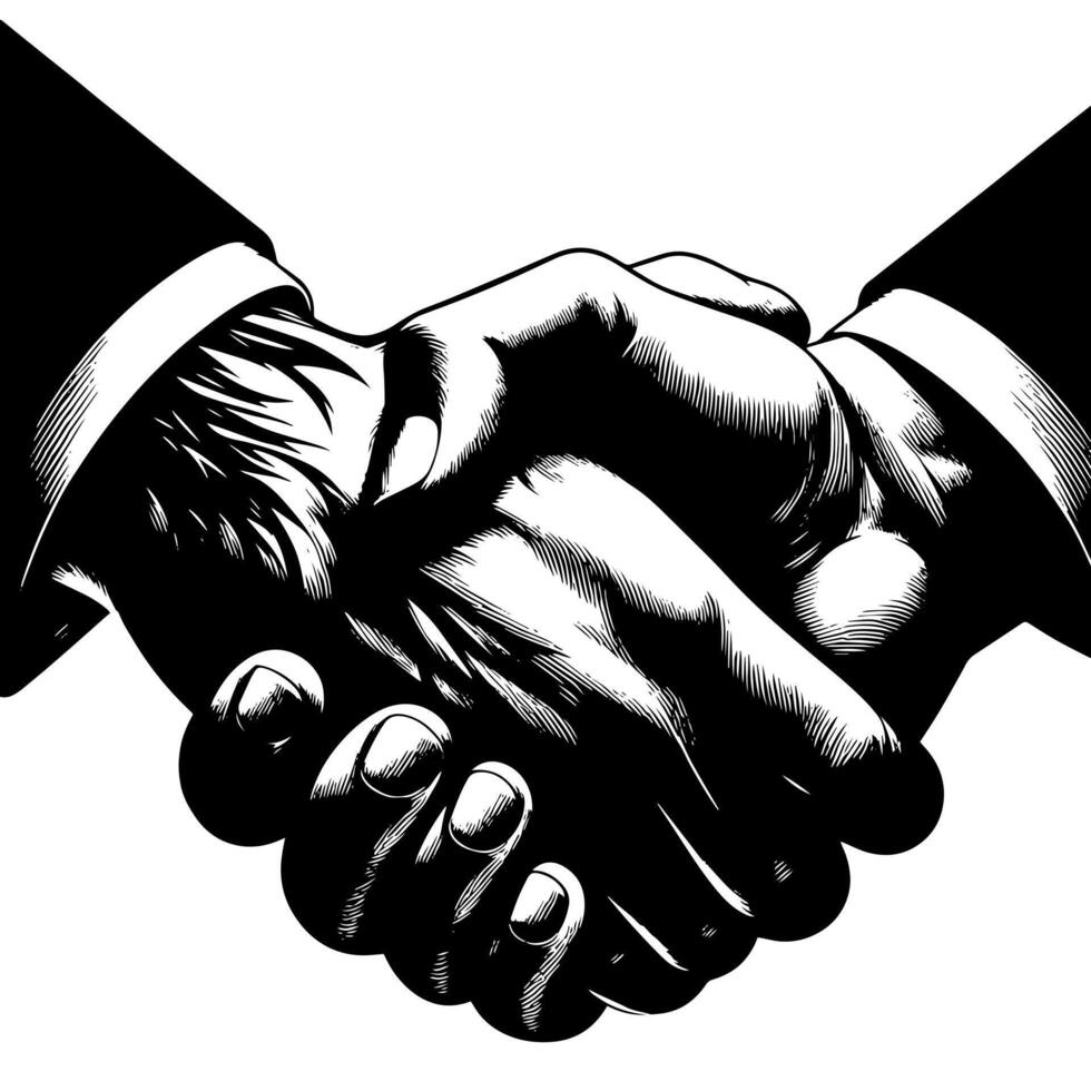 Black and white Illustration of a Handshake bewtween two Business Men in Suits vector