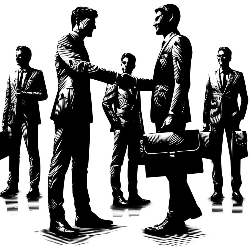 Black and white Illustration of a Handshake bewtween two Business Men in Suits vector