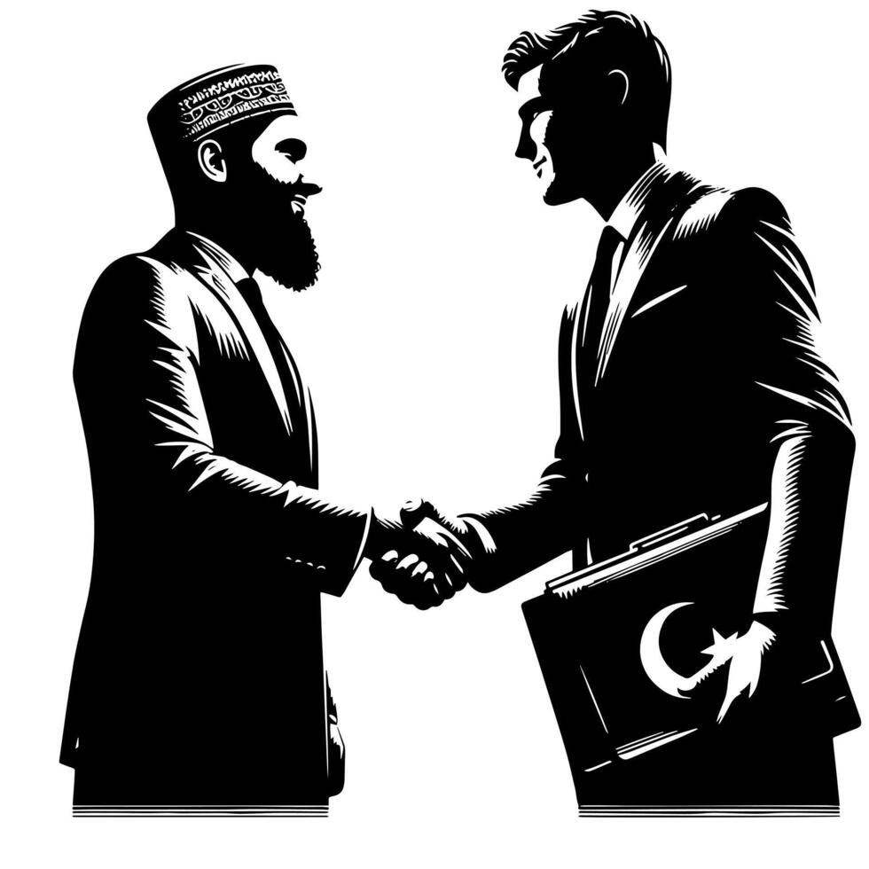 Black and white Illustration of a Handshake bewtween two Business Men in Suits vector