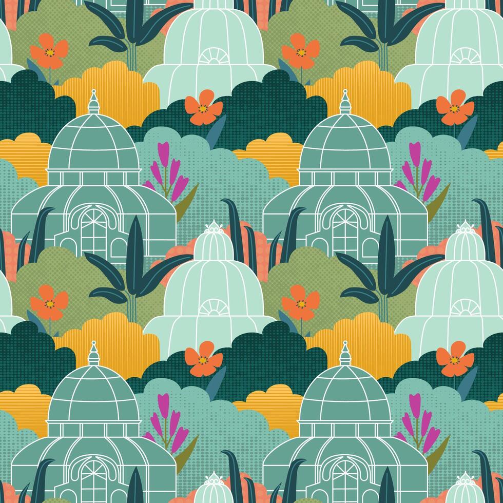 Seamless greenhouse pattern. The pattern is garden, bushes and flowers. vector